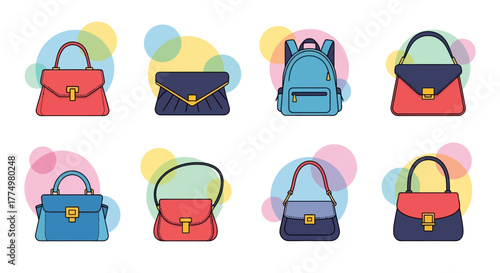 Vector illustration set of eight women's handbags and backpacks in a bold, colorful flat style, placed on an abstract background with bright circles.
