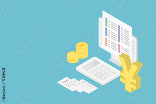 e-Taxで確定申告をするアイソメトリックなベクターイラスト（経理 税金 ビジネス インボイス）Japanese income tax return and e-Tax concept.