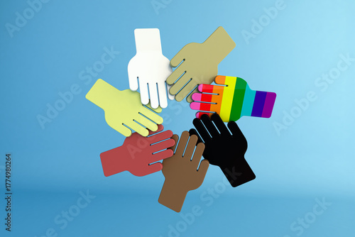 3D Illustration of diverse hands symbolizing inclusion, unity, equality, and teamwork.