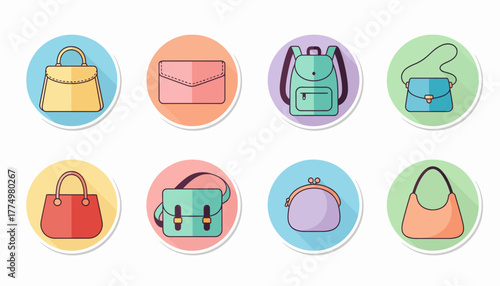 ector icon set of eight women's bags including handbag, backpack, and purse, rendered in a colorful flat style inside round circular backgrounds.