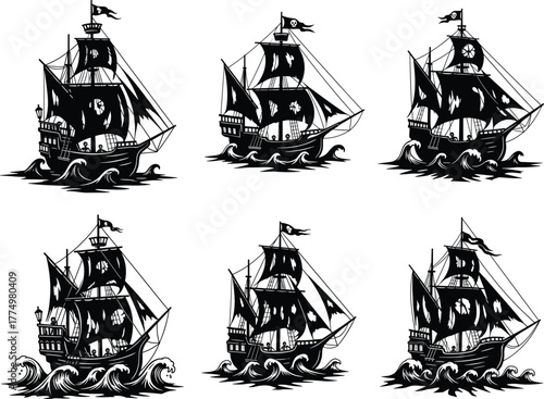 Vintage pirate ship illustrations, nautical sailing vessels, maritime adventure art, black and white sketch, ocean waves, historical naval fleet vector collection
