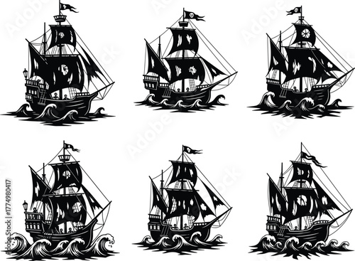 Vintage pirate ship illustrations, nautical sailing vessels, maritime adventure art, black and white sketch, ocean waves, historical naval fleet vector collection