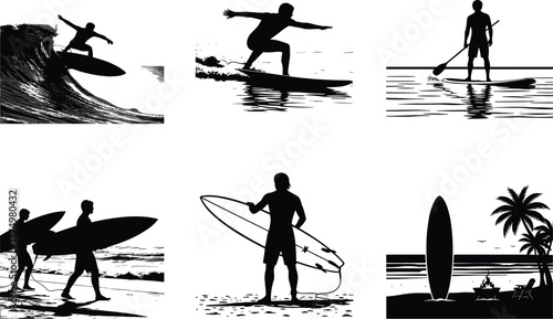 Surfing silhouette vector illustration showing surfers riding ocean waves, walking with surfboards, paddle boarding, and relaxing on tropical beach sunset.