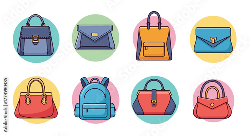 Vector illustration set of eight different women's bags, including satchel, tote, and clutch, featuring blue and red colors on a clean white background.