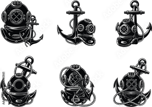 Vintage deep sea diving helmet illustration, nautical anchor and rope design, maritime retro style vector art for tattoo, logo, or marine-themed decor