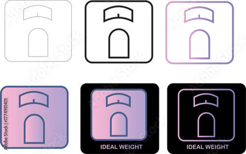 Clean and minimalist set of bathroom scale icons with a modern gradient design, representing ideal weight, health, and fitness concepts