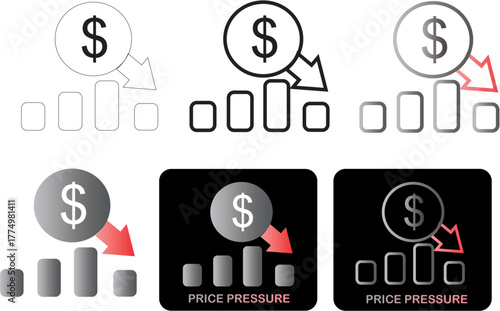 Price pressure icon set Depicting financial decline and market challenges with minimalist icons