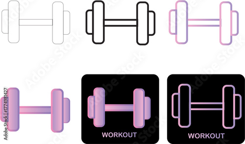 Set of six modern dumbbell icons featuring clean lines and a vibrant pink to purple gradient. Vector graphic for fitness, gym, and workout applications
