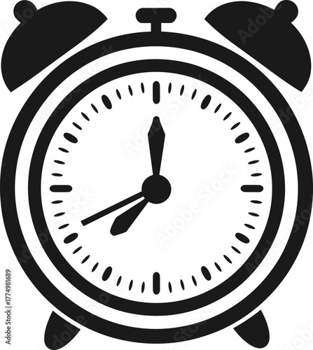 Vintage alarm clock icon vector illustration, classic time reminder design, wake up concept, morning schedule symbol, retro black silhouette isolated on white