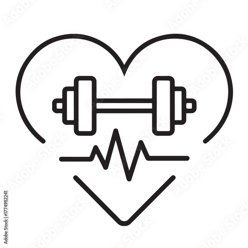 Dumbbell and heartbeat line icon inside a heart shape vector illustration for healthcare fitness and wellness concepts isolated on white