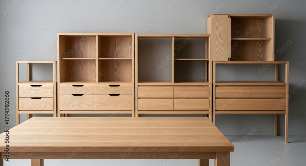 Fototapeta premium Modular Oak Furniture Collection Against Gray Backdrop Simplicity Design