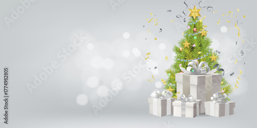 elegant Christmas background Decorated Christmas tree White gift boxes with silver bows on a soft gray background Bokeh lights and confetti add sparkle Ideal for holiday sales banners