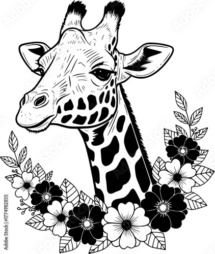 An elegant giraffe peers regally, framed by a delicate wreath of stylized blooms, portraying an exquisite monochrome botanical art piece. vector illustration