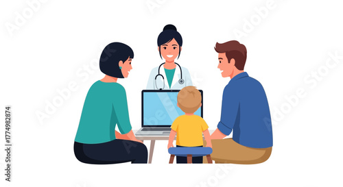 Caring doctor consults with family using telehealth for convenient healthcare from home, promoting well-being and positive patient experience online