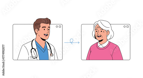 Caring doctor connects with elderly patient via telehealth, providing support and expert advice in a modern virtual consultation for senior healthcare