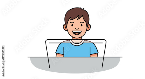Cheerful young boy smiling at a desk, representing youth, education, and learning in a positive and engaging way for educational or children's content
