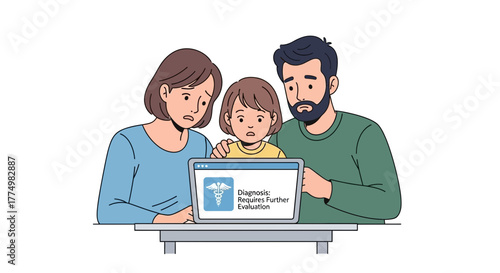 Concerned parents seeking online medical diagnosis for their child, requiring further evaluation, a moment of worry and hope in a modern digital age
