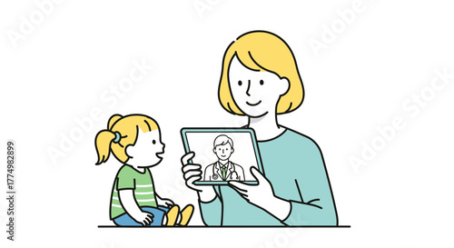 Engaging telehealth visit with friendly doctor on tablet for little girl by mom, modern healthcare accessibility solution, connecting through technology
