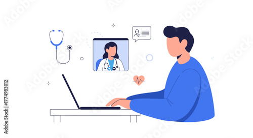 Virtual doctor consultation with female physician offering telehealth advice on laptop, promoting accessible healthcare solutions for modern patient needs