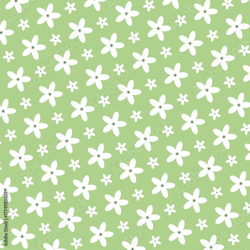 Seamless floral pattern featuring tiny white daisy flowers on a soft pastel green background