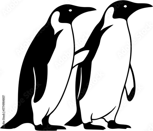 Elegant vector graphic featuring a pair of majestic emperor penguins in a classic black and white style, perfect for themes of polar animals, nature, and wildlife design