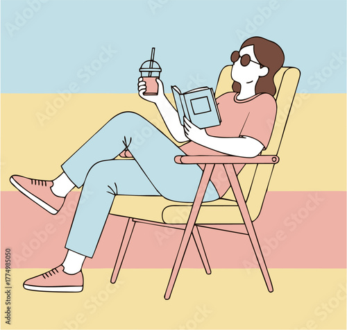 Vector line art of a stylish woman in sunglasses enjoying a quiet moment, reading a novel and holding an iced drink on a colorful background