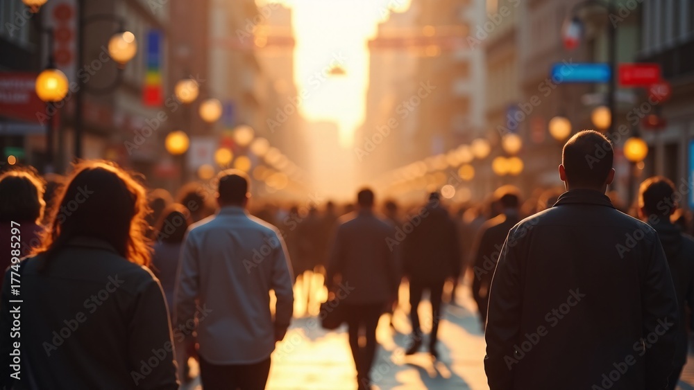 Fototapeta premium Crowd Walking On City Street At Sunset