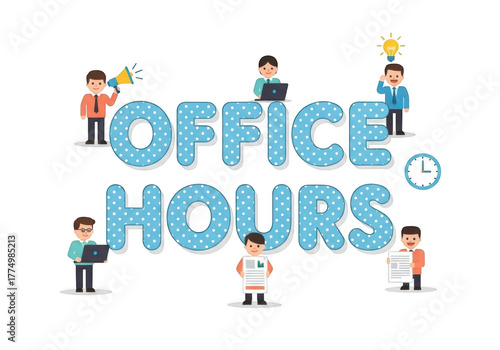 Colorful office hours illustration with workers and clock, isolated on transparent background