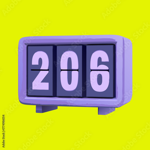 Retro flip clock displaying the number two hundred six with a bright yellow background