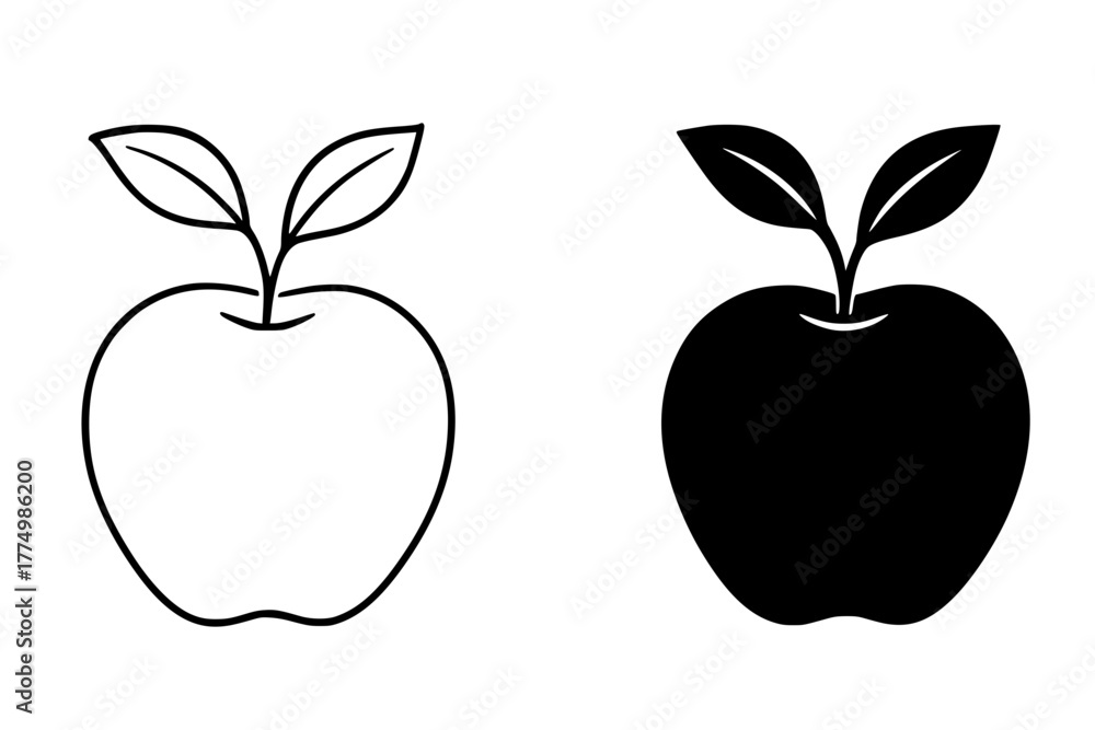 Fototapeta premium Apple Fruit Vector Illustration, Outline and Silhouette Versions