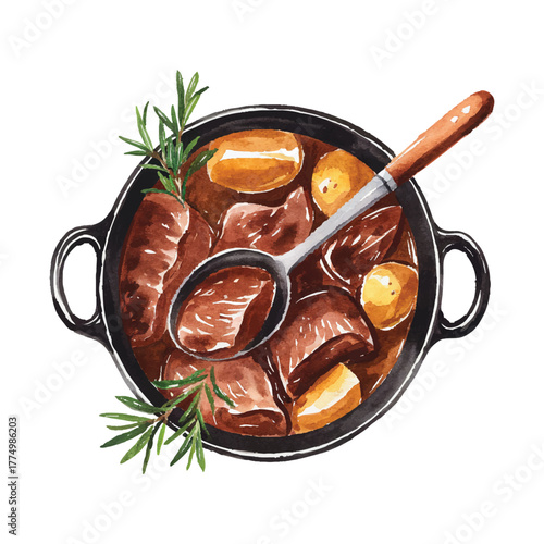 Beef Stew Vector Illustration Watercolor Meat Potatoes Rosemary Top View