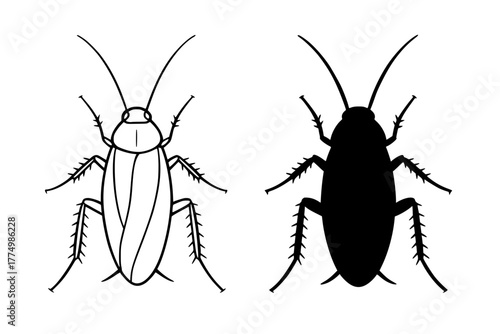 Cockroach Vector Illustration, Outline and Silhouette Versions