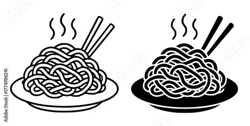 Vector Illustration of Noodles on a Plate, Outline and Silhouette Versions