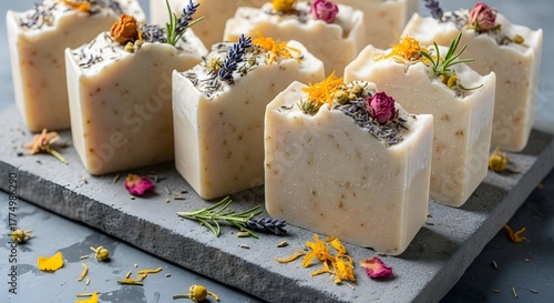 Handmade Soaps Adorned with Flowers on Gray Tray Beauty Products