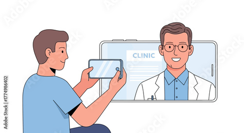 Modern telemedicine consultation with friendly doctor, man using smartphone for virtual appointment, convenient healthcare, vector illustration, scalable