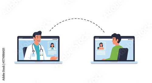 Virtual doctor visit on laptop providing healthcare, connecting patient and medical professional through online consultation for convenient telemedicine support
