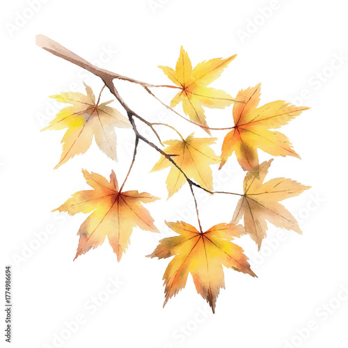 Autumn Branch Vector: Yellow Maple Leaves, Watercolor Fall Season