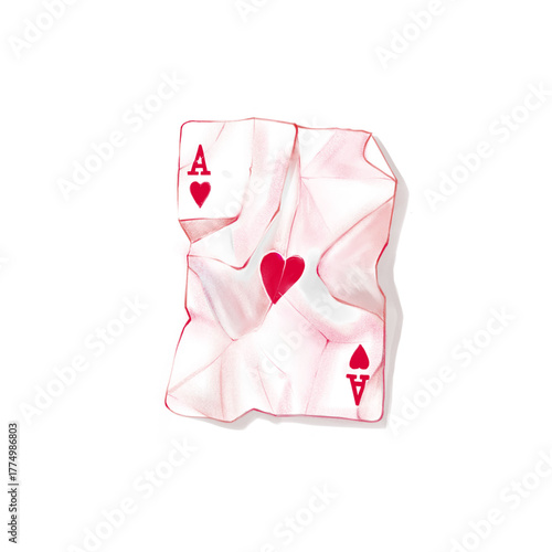 Stylized illustration of a wrinkled Ace of Hearts playing card in red tones, isolated on a clean white background. 