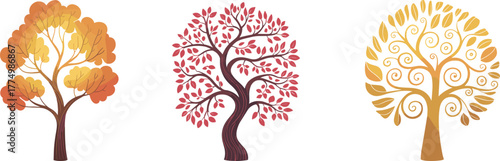 PrintAutumn trees collection with colorful leaves, fall season nature illustration, decorative forest plants, abstract tree design, eco landscape vector art