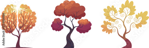 PrintAutumn trees collection with colorful leaves, fall season nature illustration, decorative forest plants, abstract tree design, eco landscape vector artwork