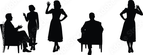 PrintSilhouette of men and women in retro clothing talking and waving, vintage style communication, classic posture, social interaction concept illustration