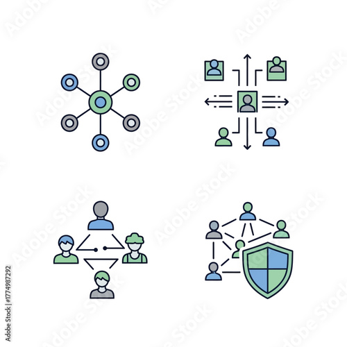 Colorful line icon set for network communication and security.