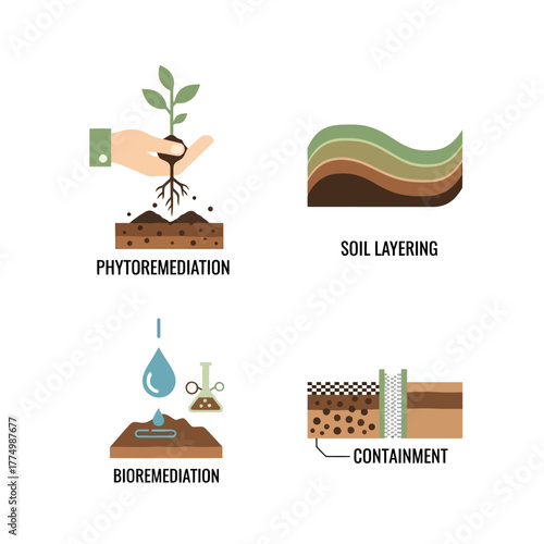 Environmental remediation techniques icon set for soil treatment.