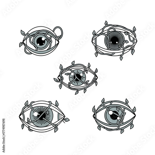 Five stylized eyes entwined with vines and leaves.