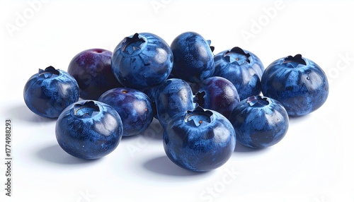 A Pile of Fresh Blueberries Scattered on a White Background With Water Droplets Reflecting Light