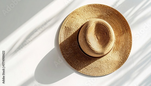 Close up of a woven straw hat hanging on a white textured wall casting a shadow from natural sunlight creating a beautiful pattern of light and shade