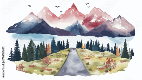 Carretera Austral. Carretera Austral hand drawn watercolor illustration