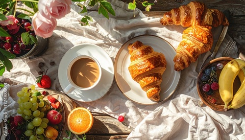 Delicious French Croissants and Fresh Fruit Platter for a Morning Breakfast Spread with Coffee and Roses in Natural Sunlight
