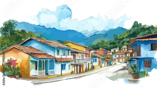 Banos de Agua Santa. Banos de Agua Santa hand drawn watercolor illustration