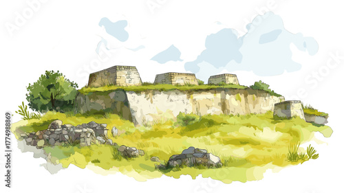 Kuelap Fortress. Kuelap Fortress hand drawn watercolor illustration